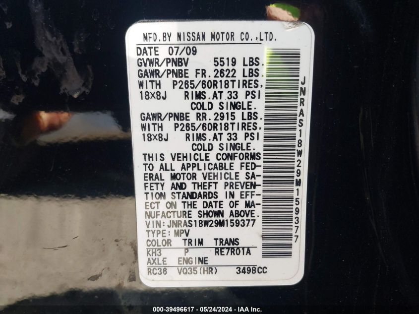 2009 Infiniti Fx35 VIN: JNRAS18W29M159377 Lot: 39496617