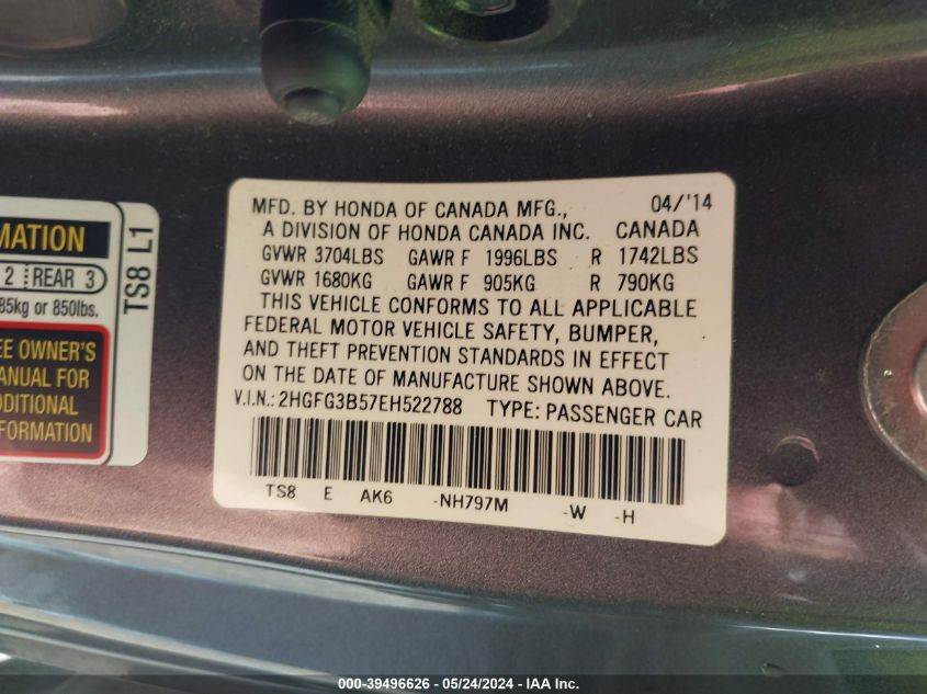 2014 Honda Civic Lx VIN: 2HGFG3B57EH522788 Lot: 39496626