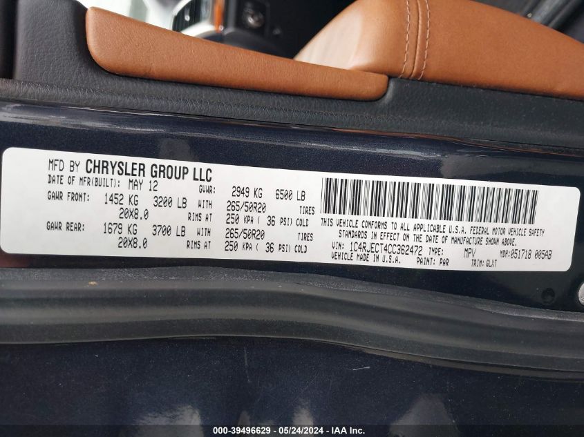 2012 Jeep Grand Cherokee Overland VIN: 1C4RJECT4CC362472 Lot: 39496629