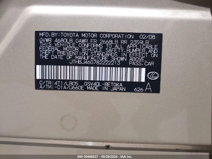 2008 Lexus Es 350 VIN: JTHBJ46G782222213 Lot: 39496637