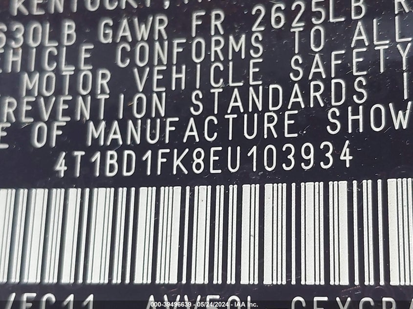 2014 Toyota Camry Hybrid Xle VIN: 4T1BD1FK8EU103934 Lot: 39496639