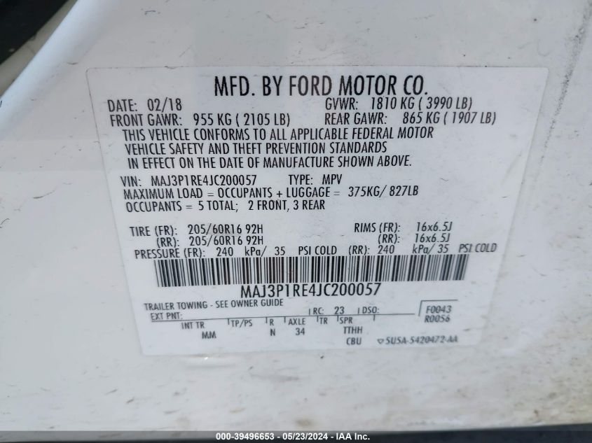 2018 Ford Ecosport S VIN: MAJ3P1RE4JC200057 Lot: 39496653