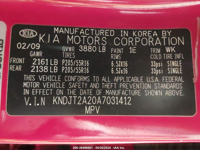 2010 Kia Soul + VIN: KNDJT2A20A7031412 Lot: 39496661