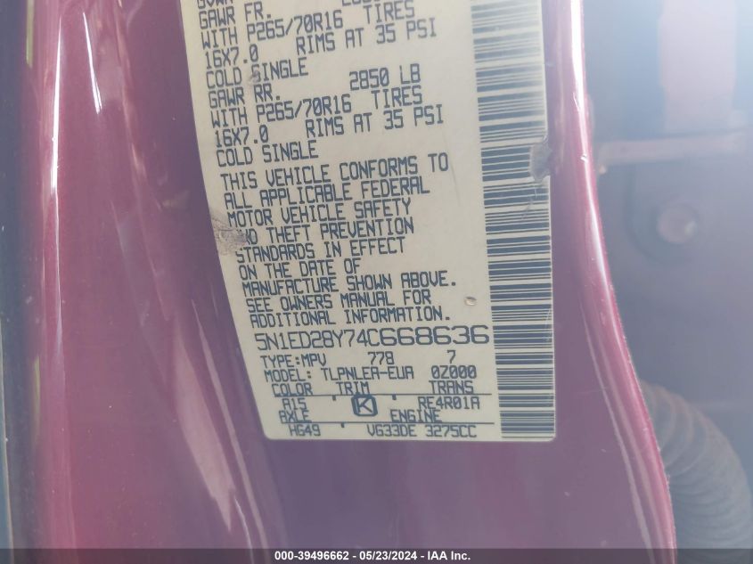 2004 Nissan Xterra Xe VIN: 5N1ED28Y74C668636 Lot: 39496662