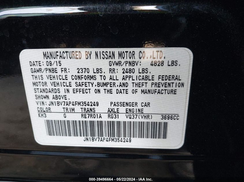 2015 Infiniti Q50 Premium VIN: JN1BV7AP4FM354249 Lot: 39496664