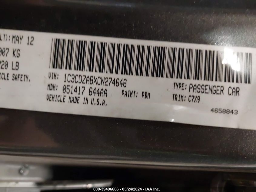 2012 Dodge Avenger Se VIN: 1C3CDZABXCN274646 Lot: 39496666