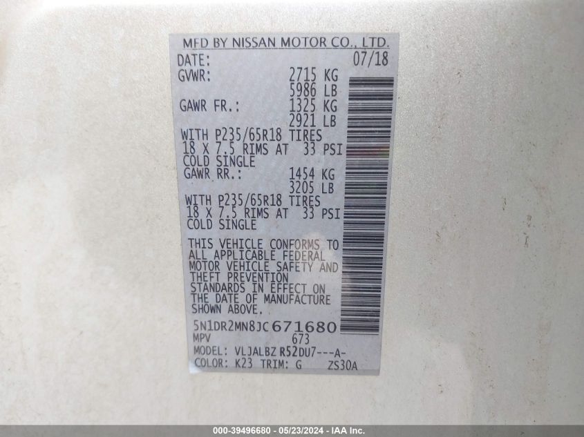 2018 Nissan Pathfinder S VIN: 5N1DR2MN8JC671680 Lot: 39496680
