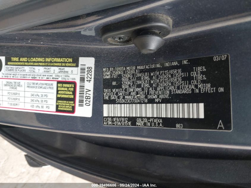 2007 Toyota Sienna Ce VIN: 5TDZK23C77S041218 Lot: 39496686