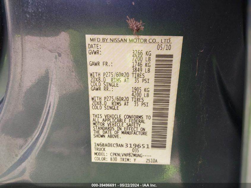 2010 Nissan Titan Le VIN: 1N6BA0EC9AN319651 Lot: 39496691