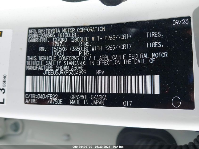 2023 Toyota 4Runner Sr5 VIN: JTEEU5JRXP5304899 Lot: 39496702