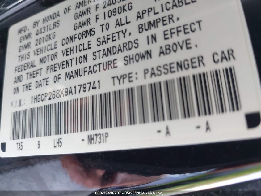 2009 Honda Accord 2.4 Ex-L VIN: 1HGCP268X9A179741 Lot: 39496707