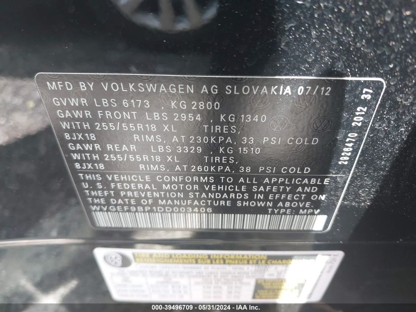 2013 VOLKSWAGEN TOUAREG V6 - WVGEF9BP1DD003406