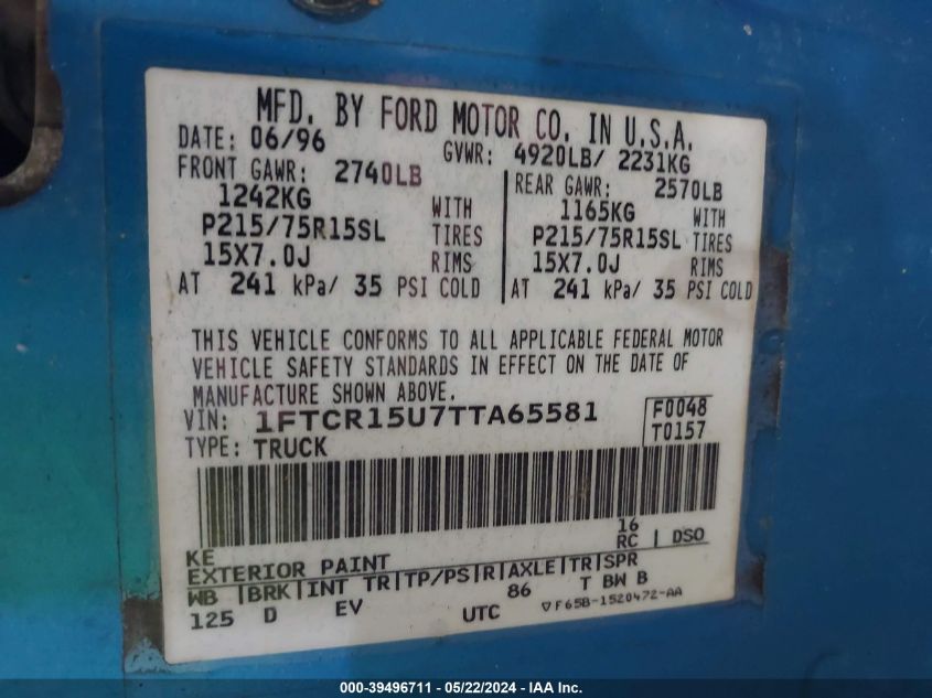 1996 Ford Ranger Super Cab VIN: 1FTCR15U7TTA65581 Lot: 39496711