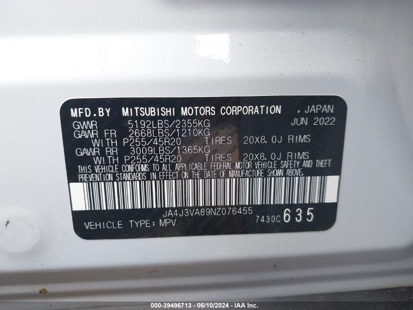 2022 Mitsubishi Outlander Sel 2.5 2Wd/Sel Special Edition 2Wd VIN: JA4J3VA89NZ076455 Lot: 39496713