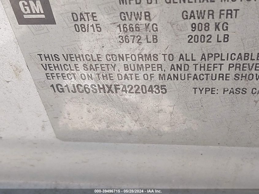 2015 Chevrolet Sonic Lt Auto VIN: 1G1JC6SHXF4220435 Lot: 39496715
