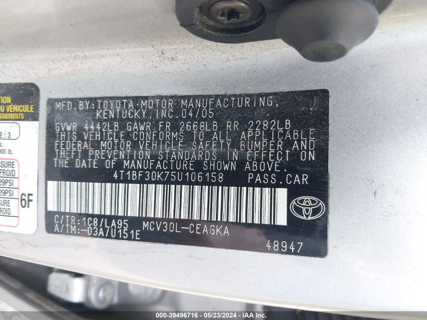 2005 Toyota Camry Xle V6 VIN: 4T1BF30K75U106158 Lot: 39496716