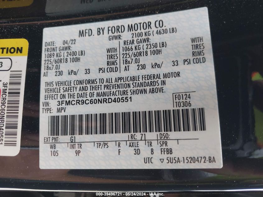 2022 Ford Bronco Sport Outer Banks VIN: 3FMCR9C60NRD40551 Lot: 39496721