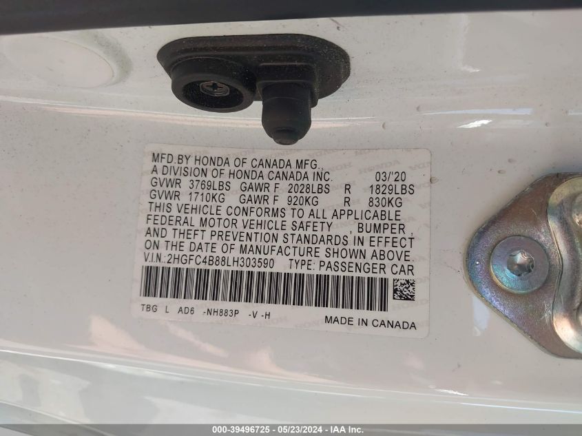 2020 Honda Civic Sport VIN: 2HGFC4B88LH303590 Lot: 39496725