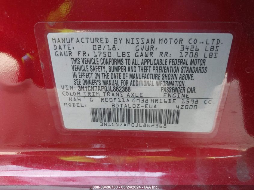 2018 Nissan Versa 1.6 Sv VIN: 3N1CN7AP0JL862368 Lot: 39496730