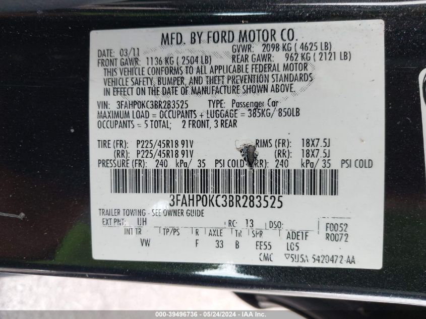 2011 Ford Fusion Sport VIN: 3FAHP0KC3BR283525 Lot: 39496736