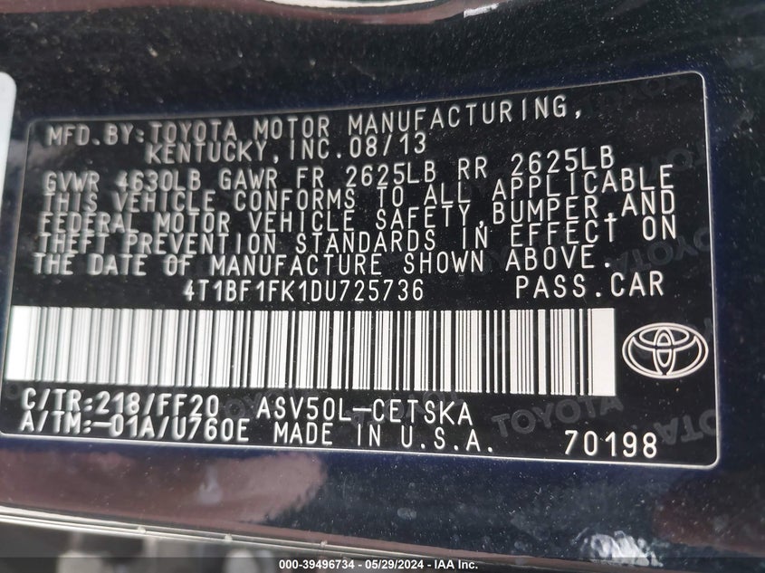 2013 Toyota Camry Se VIN: 4T1BF1FK1DU725736 Lot: 39496734