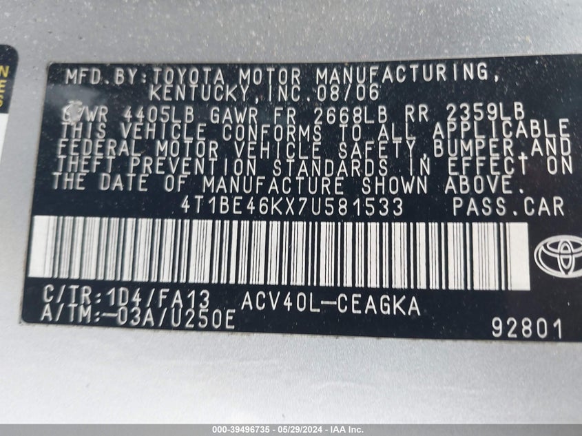 2007 Toyota Camry Xle VIN: 4T1BE46KX7U581533 Lot: 39496735