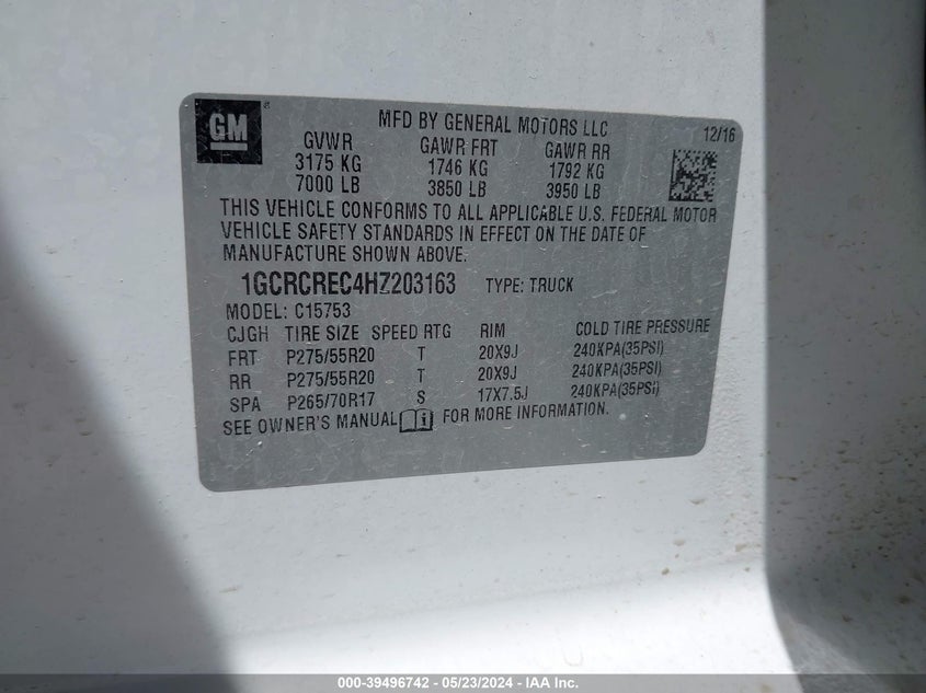 2017 Chevrolet Silverado 1500 1Lt VIN: 1GCRCREC4HZ203163 Lot: 39496742