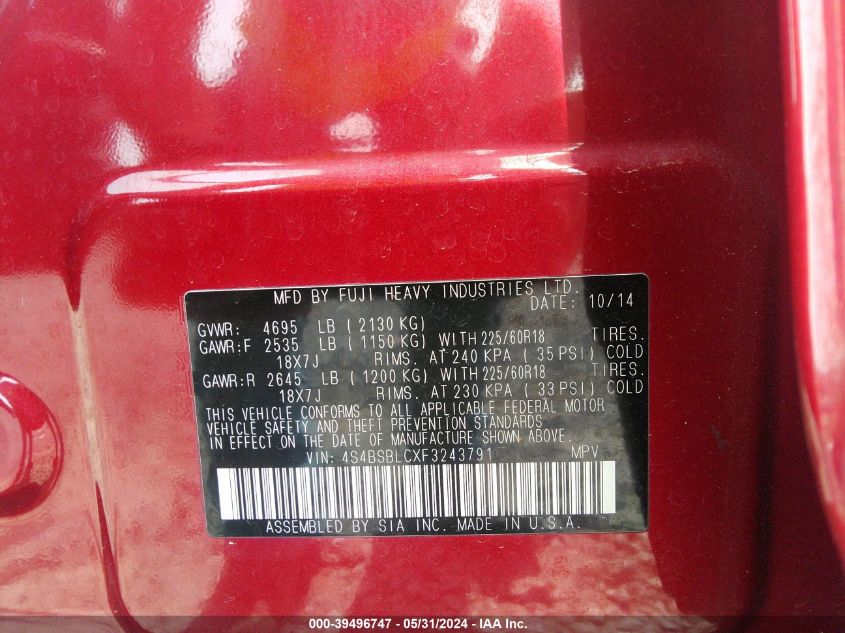 2015 Subaru Outback 2.5I Limited VIN: 4S4BSBLCXF3243791 Lot: 39496747