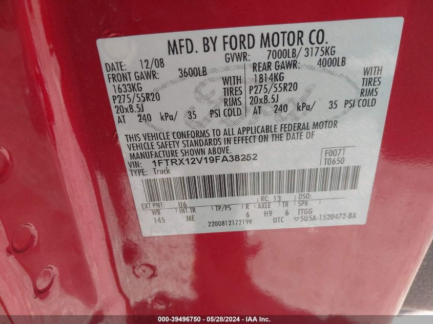 2009 Ford F-150 Xlt VIN: 1FTRX12V19FA38252 Lot: 39496750