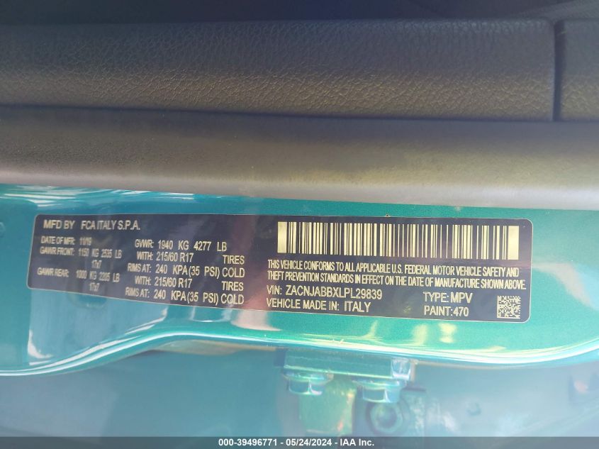 2020 Jeep Renegade Latitude Fwd VIN: ZACNJABBXLPL29839 Lot: 39496771