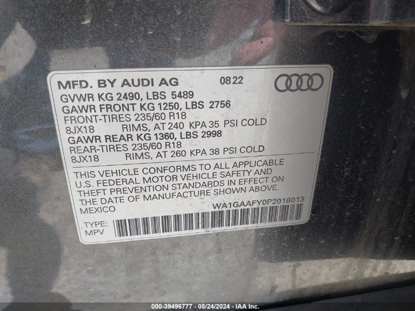 2023 Audi Q5 Premium 45 Tfsi S Line Quattro VIN: WA1GAAFY0P2016013 Lot: 39496777