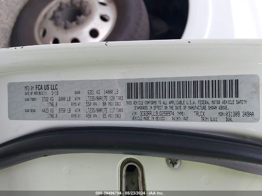 2018 Ram 3500 VIN: 3C63RRJL9JG258974 Lot: 39496794