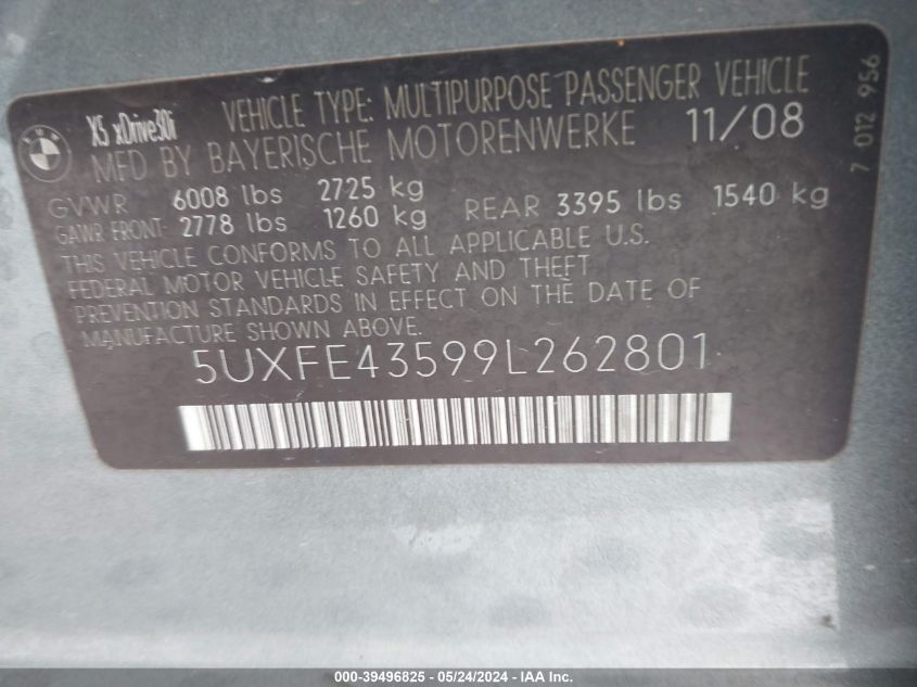 2009 BMW X5 xDrive30I VIN: 5UXFE43599L262801 Lot: 39496825