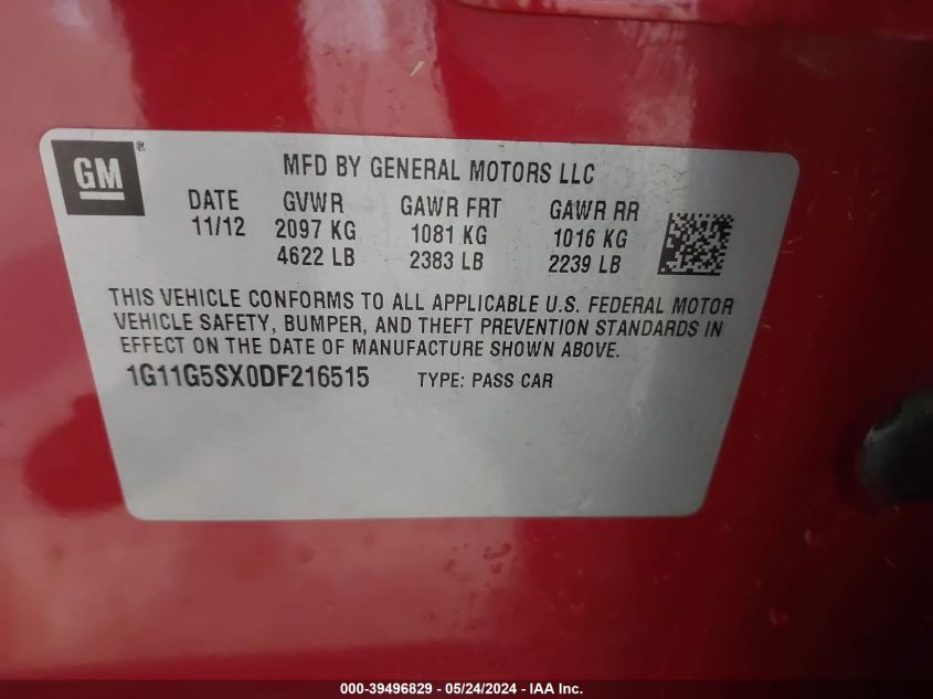 2013 Chevrolet Malibu 3Lt VIN: 1G11G5SX0DF216515 Lot: 39496829