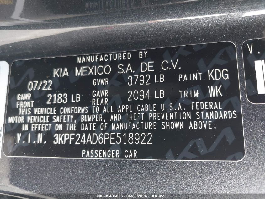 2023 Kia Forte Lxs VIN: 3KPF24AD6PE518922 Lot: 39496836