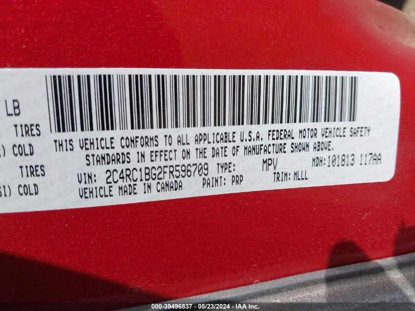 2015 Chrysler Town & Country Touring VIN: 2C4RC1BG2FR596709 Lot: 39496837