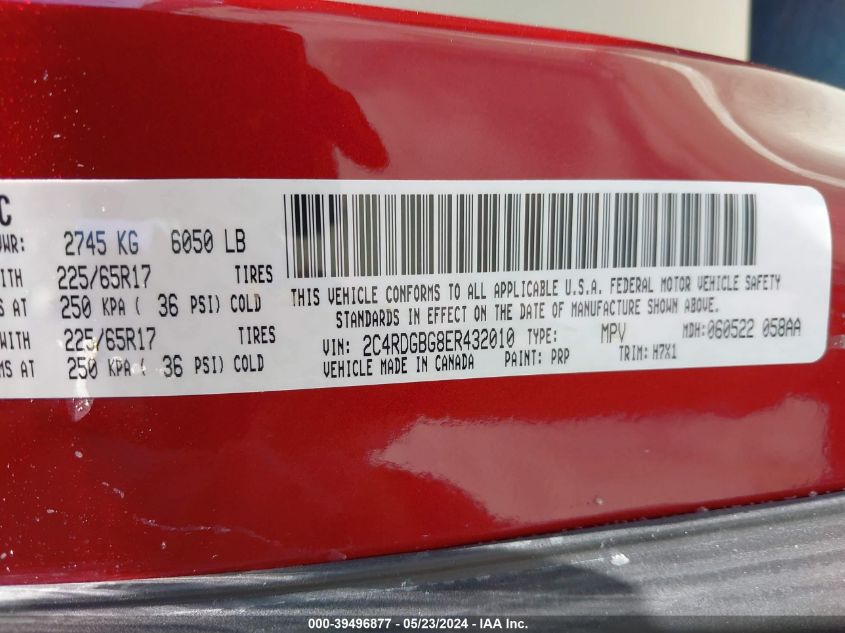 2014 Dodge Grand Caravan Se VIN: 2C4RDGBG8ER432010 Lot: 39496877