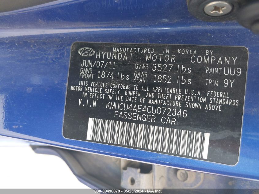 2012 Hyundai Accent Gls VIN: KMHCU4AE4CU072346 Lot: 39496879