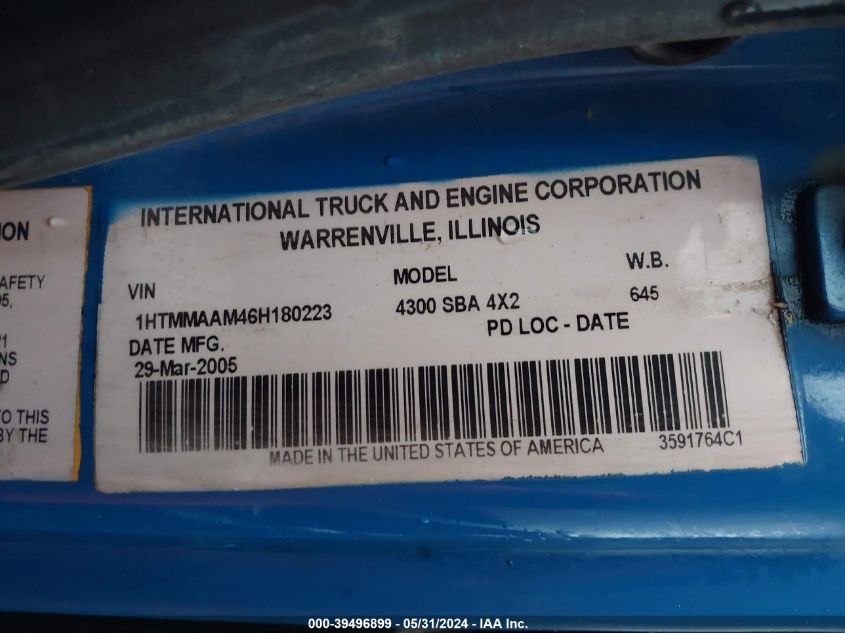 2006 International 4000 4300 VIN: 1HTMMAAM46H180223 Lot: 39496899