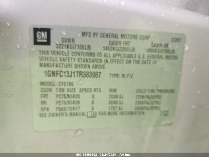 2007 Chevrolet Tahoe Lt VIN: 1GNFC13J17R383987 Lot: 39496902