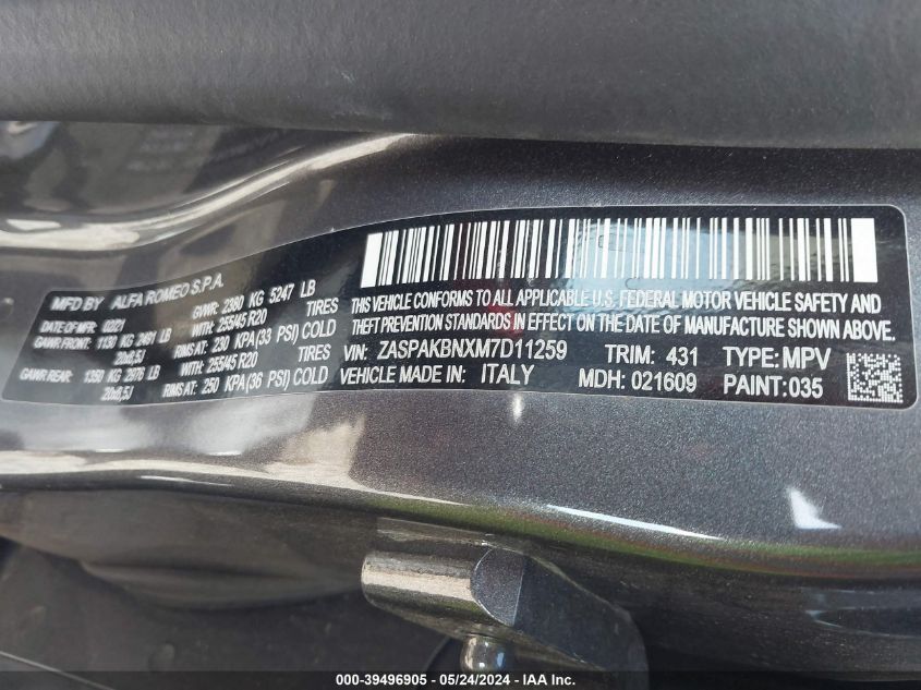 2021 Alfa Romeo Stelvio Ti Awd VIN: ZASPAKBNXM7D11259 Lot: 39496905