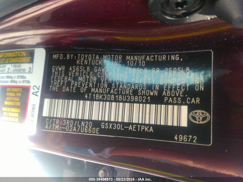 2011 Toyota Avalon Limited VIN: 4T1BK3DB1BU398021 Lot: 39496913