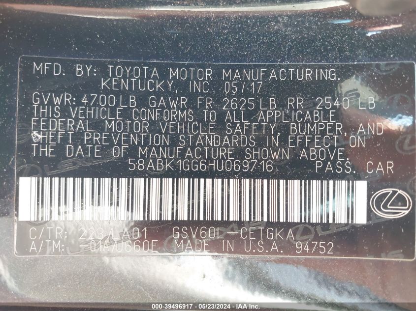 2017 Lexus Es 350 VIN: 58ABK1GG6HU069716 Lot: 39496917