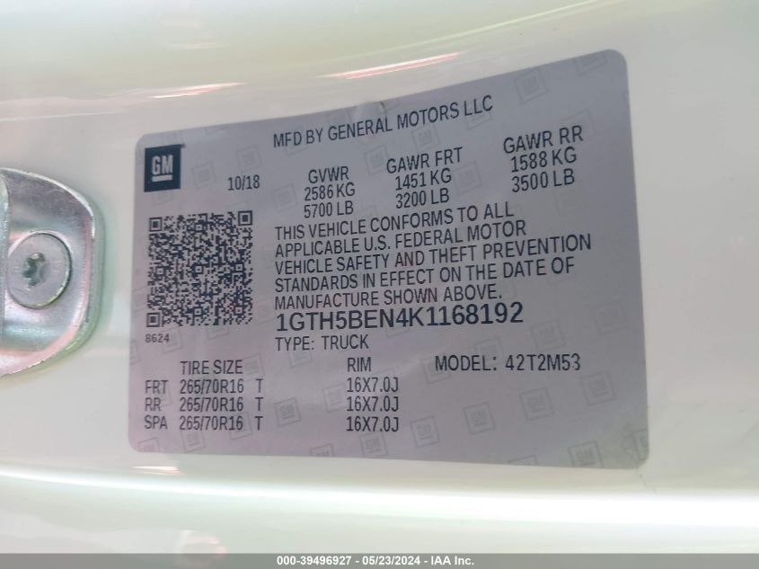 2019 GMC Canyon VIN: 1GTH5BEN4K1168192 Lot: 39496927