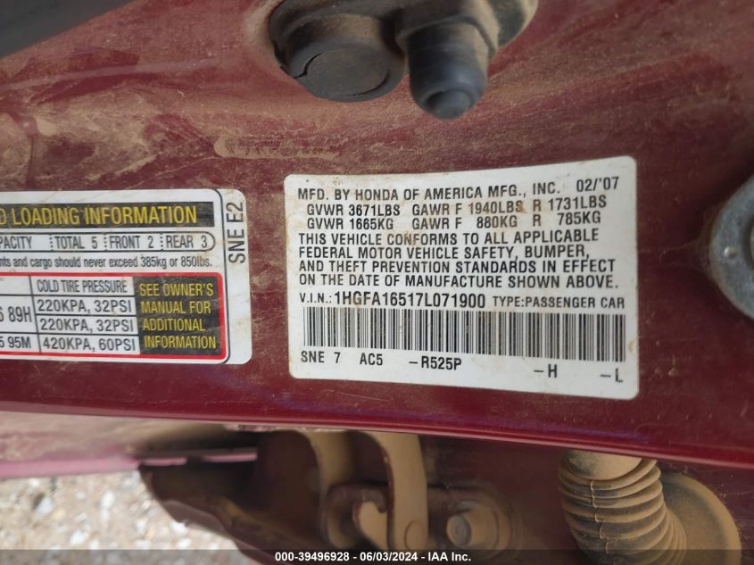 2007 Honda Civic Lx VIN: 1HGFA16517L071900 Lot: 39496928