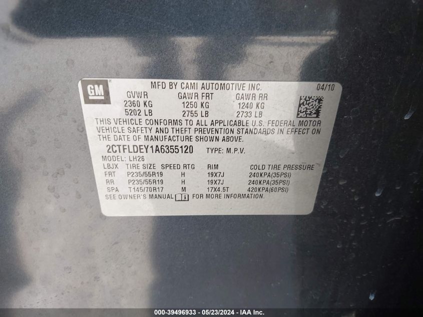 2010 GMC Terrain Sle-2 VIN: 2CTFLDEY1A6355120 Lot: 39496933