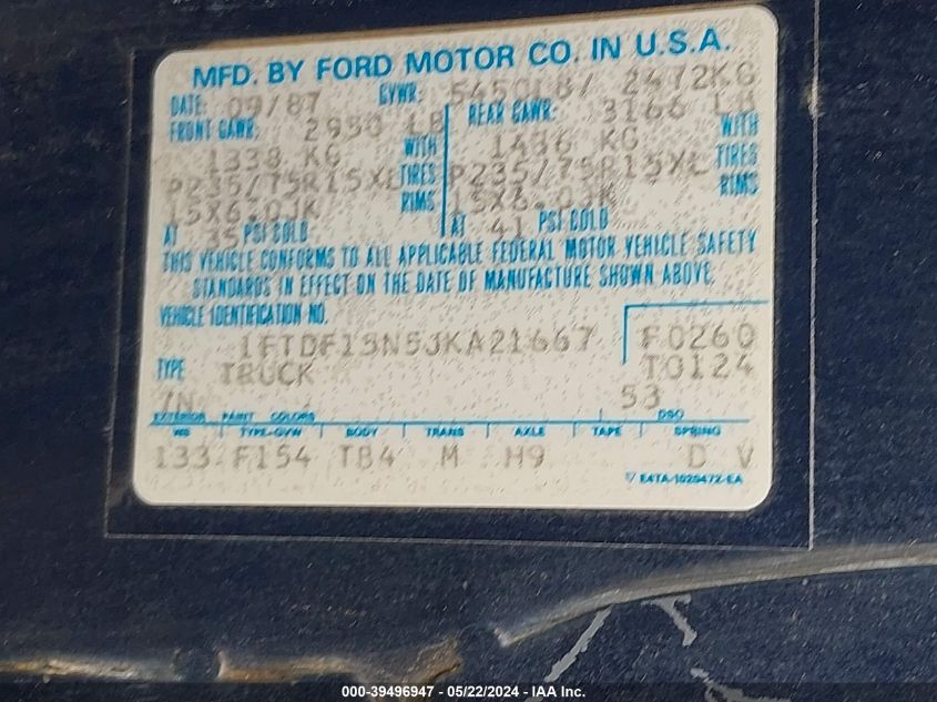 1988 Ford F150 VIN: 1FTDF15N5JKA21667 Lot: 39496947