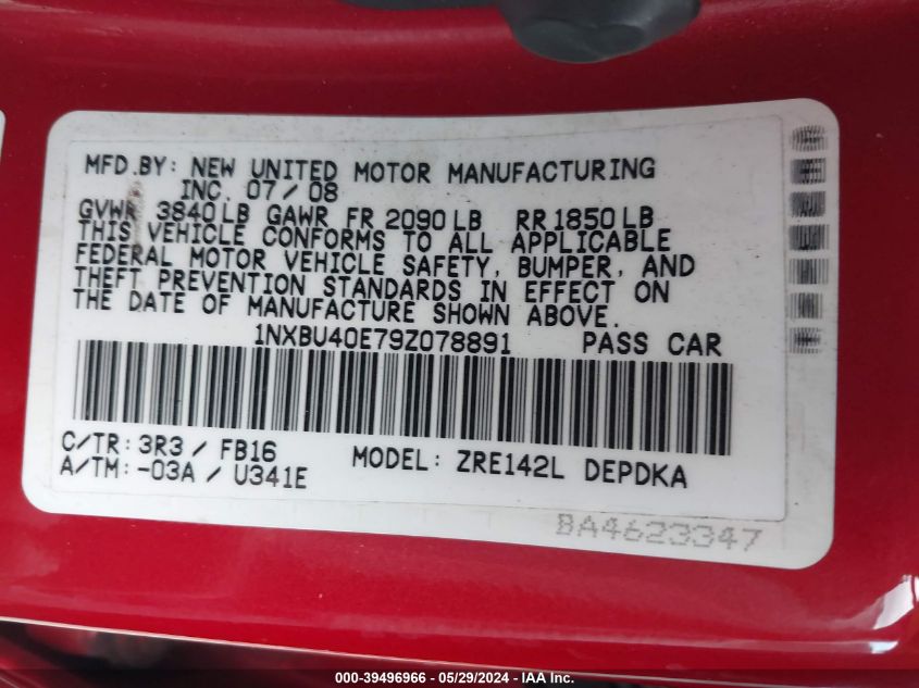 2009 Toyota Corolla Le VIN: 1NXBU40E79Z078891 Lot: 39496966