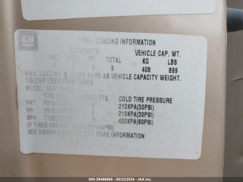 2001 Pontiac Grand Am Se1 VIN: 1G2NF12E01M613964 Lot: 39496968