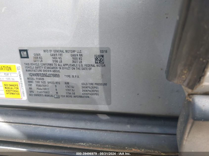 2016 Chevrolet Traverse Ls VIN: 1GNKRFED5GJ276859 Lot: 39496979